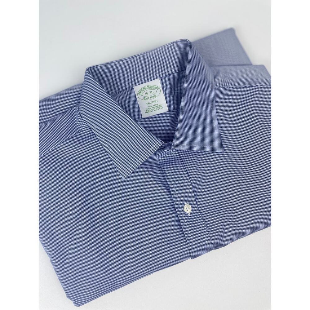 Brooks Brothers Milano Dress Shirt Men’s 16-36 Blue Houndstooth Supima Cotton
